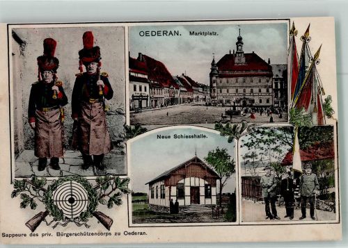 09569 O9388 Oederan - Sappeure des priv. Bürgerschützencorps Tracht Marktplatz Neue Schiesshalle Schützen