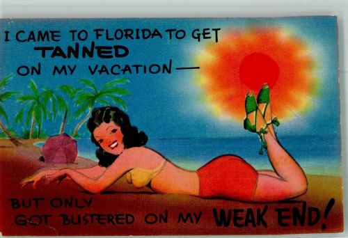 Junge Frau räkelt sich auf dem Strand unter der Sonne Floridas Humor Bademode Künstlerkarte