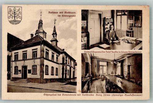 77746 W7601 Schutterwald Foto AK Rathaus Kirchturm Amtszimmer des Heimatbürgermeister Junker Gemeinderats-Sitzungssaal