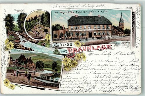 38700 W3389 Braunlage 1899 Lithographie Wasserfall Die Klippe Hotel zum braunen Hirsch