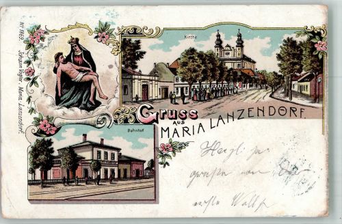 2326 Maria-Lanzendorf 1902 Gebrauchsspuren Bahnhof Kirche Lithographie