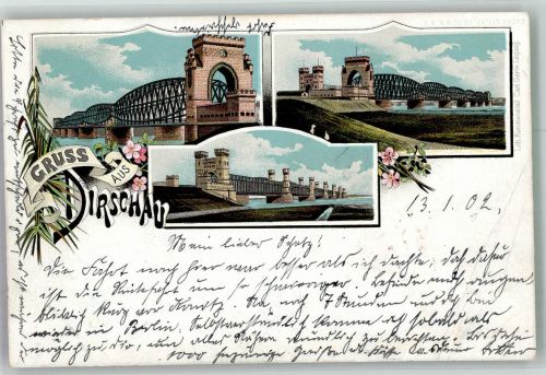 Dirschau Tczew 1902 Gebrauchsspuren Bahhnpost Berlin-Dirschau Brücken Lithographie