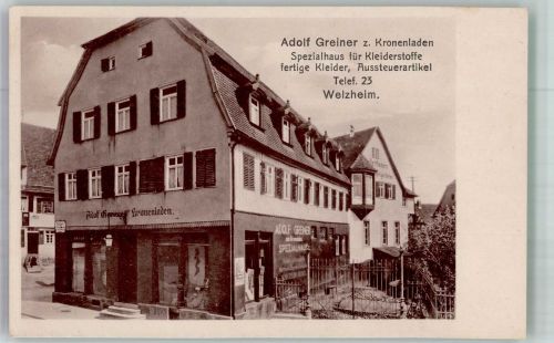 73553 W7061 Welzheim Foto AK Bekleidungsgeschäft Adolf Greiner z. Kronenladen