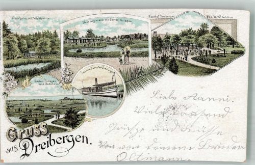 26160 W2903 Dreibergen 1898 Lithographie Gasthaus Dreibergen Kegelbahn Garten-Anlagen Feldhus Dampfer Dreibergen