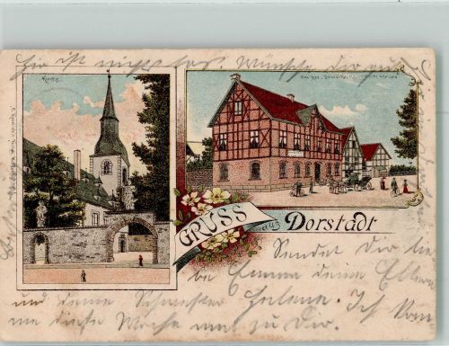 38312 W3344 Dorstadt 1902 Lithographie Kirche Gasthaus zum Deutschen Haus