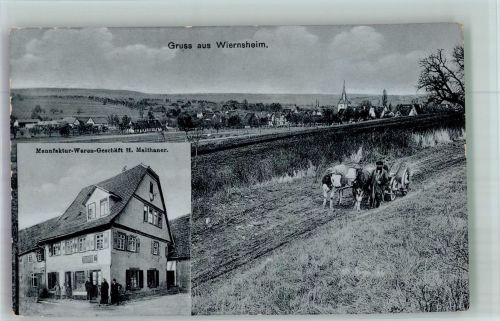 75446 W7135 Wiernsheim - Manufakturwaren Malthaner Feldweg Rinderfuhrwerk Bauer