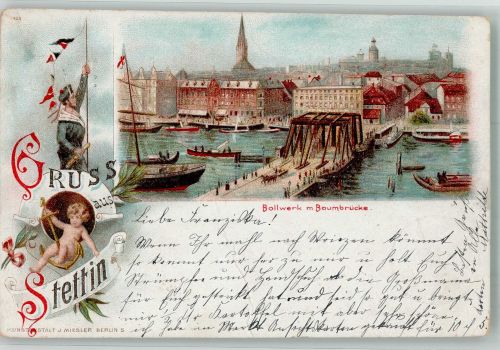 Stettin Szczecin Gebrauchsspuren Engel Anker Matrose Bollwerk mit Baumbrücke Lithographie