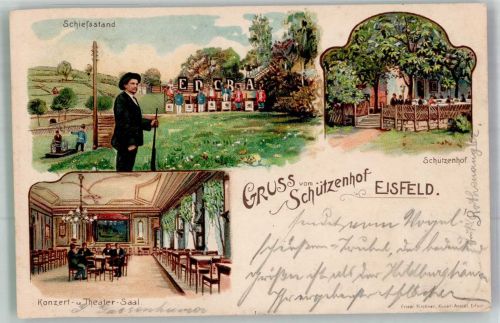 98673 O6120 Eisfeld 1899 Lithographie Gasthaus Schützenhof Schiessstand Konzert- und Theatersaal