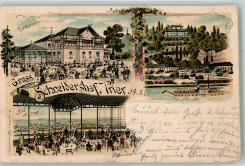 54290 W5500 Trier 1901 Lithographie Gasthaus Etablissement Schneidershof Gartenwirtschaft Terrasse Mosel