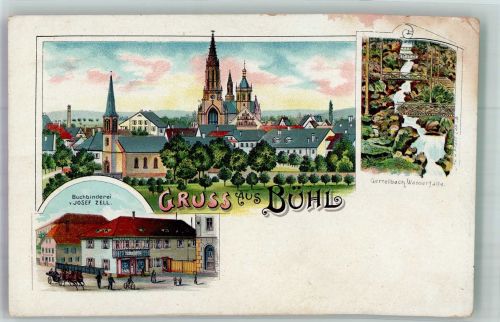 77815 W7580 Bühl , Baden Lithographie Gertelbach-Wasserfälle Buchbinderei Zell