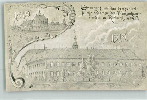 33397 W4835 Rietberg 1919 Künstlerkarte 300 Jahrfeier des Franziskaner-Kloster Rietberg 1919 sign. P. W. J.