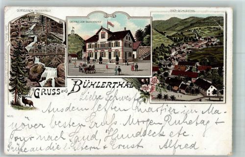 77830 W7582 Bühlertal 1897 Lithographie Gertelbachfälle Hirsch Gasthaus zum Badischen Hof Oberbühlertal
