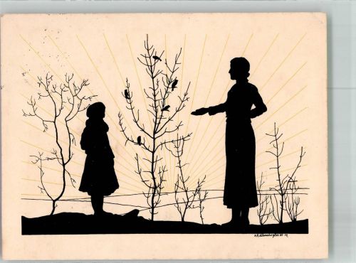sign. Muntwyler Mutter und Tochter vor Vogelbaum Scherenschnitt 1934 Künstlerkarte