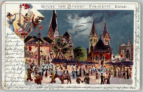28195 W2800 Bremen 1899 Lithographie Volksfest Bremer Freimarkt Festgelände Fahrgeschäfte Festbuden