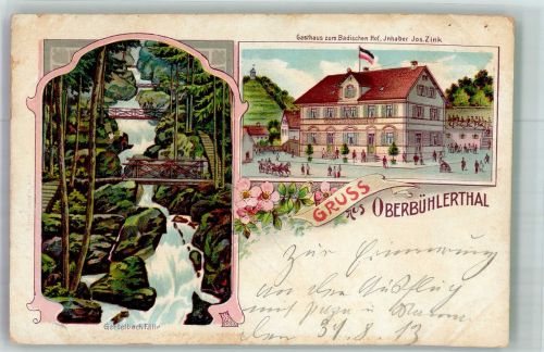 77830 W7582 Oberbühlertal 1913 Lithographie Gertelbachfälle Gasthaus zum Badischen Hof Bahnpost Bühl-Bühlertal Zug 5