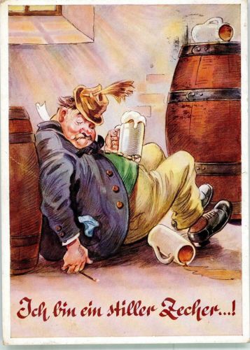 Schlafender betrunkener Mann zwischen Bierfässern Humor Verlag August Lengauer Nr. 3117 Trinker Künstlerkarte