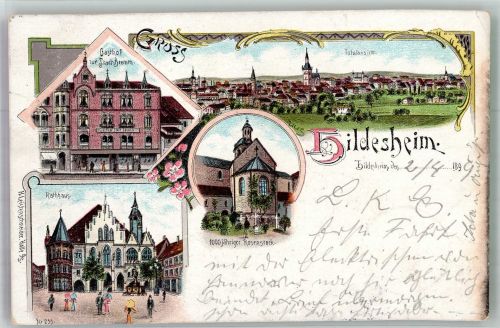 31134 W3200 Hildesheim 1899 Lithographie 1000 jähriger Rosenstock Gasthaus zur Stadt Bremen Rathaus