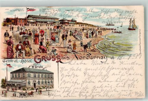 26548 W2982 Norderney 1899 Lithographie Central Hotel Strand Lesehalle