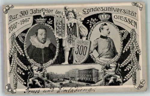 35390 W6300 Gießen , Lahn 1907 - 300 Jahrfeier der Landesuniversität Giessen 1907 Wappen Trompeter Landgraf Ludwig V. und Grossherzog Ernst Ludwig