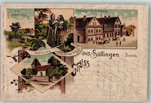 38387 W3339 Söllingen , Niedersachs 1898 Lithographie Volkstrachten Bismarck-Eiche Gasthaus Oppermann