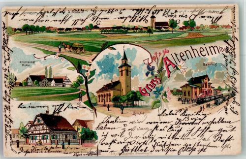 77743 W7607 Altenheim , Baden 1912 Lithographie Bahnhof Gasthaus Schneider Altenheimer Mühle