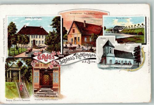 30159 W3000 Ricklingen Lithographie Schloss Ricklingen Leine-Brücke Geschäftshaus Fedderer Herzog Albrecht-Denkmal Dorfkirche