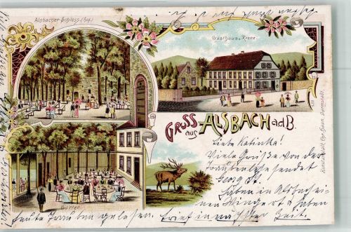 64665 W6146 Alsbach Lithographie Alsbacher Schloss Gasthaus zur Krone Hirsch