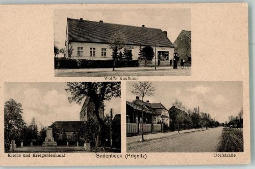 16928 O1921 Sadenbeck - Kirche Kriegerdenkmal Dorfstrasse Kaufhaus Wolf