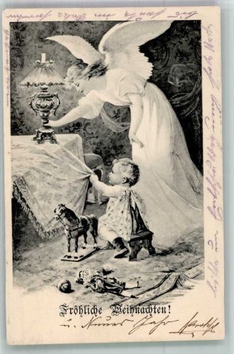 Baby reißt die Tischdecke runter Spielzeug Weihnachten Schutzengel 1906 Künstlerkarte