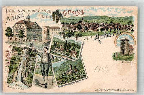 77855 W7590 Achern , Baden 1897 Lithographie Hornisgrinde Wanderer Allerheiligen-Wasserfall Hotel zum Adler Kloster-Ruine