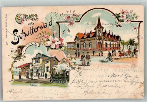 77746 W7601 Schutterwald 1905 Lithographie Bahnhof Schutterwald Bahnhofsgastätte
