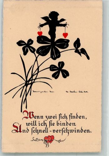 Scherenschnitt Kleiner Amor mit Herzen auf Glücksklee Sachse-Schubert, M. Künstlerkarte