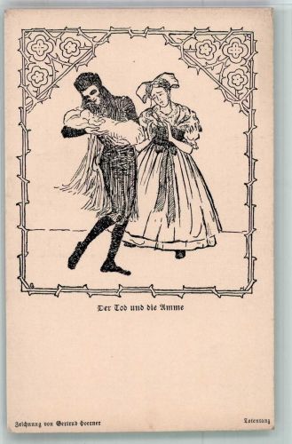 Märchenspiele Nr. 13 Totentanz sign. Gertrud Hoerner der Tod und die Amme Tod Künstlerkarte