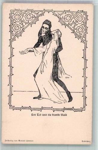 Märchenspiele Nr. 18 Totentanz sign. Gertrud Hoerner , der Tod und die kranke Maid Tod Künstlerkarte