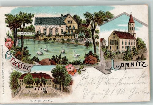 01454 O8101 Lomnitz 1903 Lithographie Rittergut Gasthaus zu Lomnitz Schwanenteich Dorfkirche