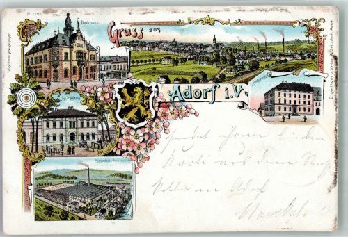 08626 O9930 Adorf , Vogtl 1897 Lithographie Rathaus Schützenhaus Kunstweberei Amtgericht Wappen