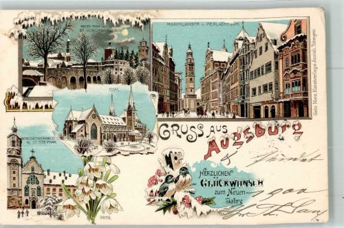 86150 W8900 Augsburg , Bay 1899 Winterlithographie Rotes Tor St. Ulrichskirche Benediktinerabtei Augsburger Dom Maximilianstrasse Perlachturm Neujahreskarte
