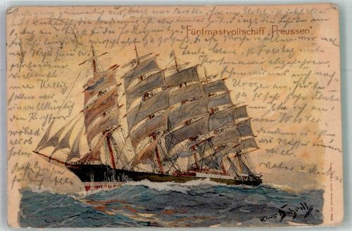 Fünfmastschiff Preussen Segelschiff Rückseite Werbung : Hauswaldt Cacao Bohrdt, H. 1911 Lithographie / Künstlerkarte