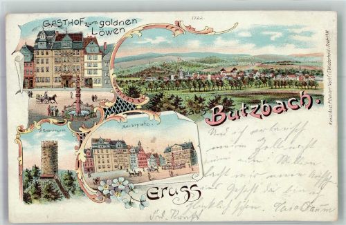 35510 W6308 Butzbach 1900 Lithographie Gasthaus zum goldenen Löwen Hexenturm Marktplatz
