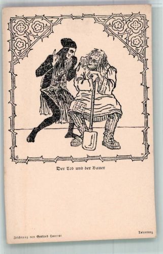 Märchenspiele Nr. 10 Totentanz sign. Gertrud Hoerner , der Tod u.d. Bauer Tod Künstlerkarte