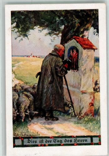 sign. Hoffmann Alter Mann betet vor einm Bildstock Volksliederpostkarte Dies ist der Tag des Herrn Werbung Chocolat Frey Aarau Künstler 1922 Künstlerkarte
