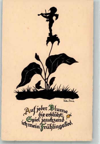sign. Schenke, Walter Elfe mit Geige auf Blume musizierend Meissner u. Buch Nr. 3369 Scherenschnitt Künstlerkarte
