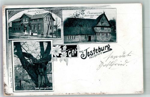 21266 W2112 Jesteburg 1902 - Bahnhofs-Gasthaus 300 jährige Linde Niedersächsisches Bauernhaus anno 1636