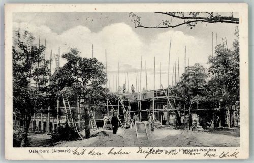 39606 O3540 Osterburg Altmark 1929 Foto AK Kirchen- und Pfarrhaus-Neubau Rohbau