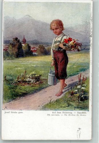 Kleiner Junge mit Milchkanne und Blumen auf dem Heimweg Wiener Volkskunst 638 Straka, J. 1919 Künstlerkarte
