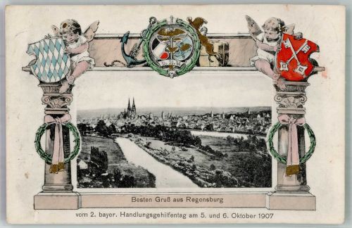93047 W8400 Regensburg 1907 - 2. Bayer. Handlungsgehilfentag 1907 Dom zu Regensburg Putti Wappen