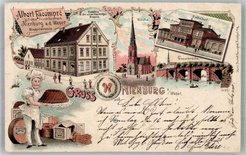 31582 W3070 Nienburg Weser 1900 Lithographie Firma Albert Facompre Bisquit Stammhaus Bäcker Biene Bahnhof Weserbrücke