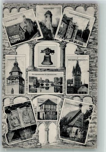 37269 W3440 Eschwege - Hospitalskirche Wachtürmchen Hochzeitshaus Clausturm Werrabrücke mit Brückenturm Alter Gefangenenhausturm Siechenhaus-Kapelle Tilly-Häuschen Fotograf Oscar Tellgmann