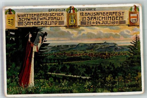 78549 W7208 Spaichingen 1911 Künstlerkarte 12. Gausängerfest 1911 Harfenspielerin Wappen signiert Festpostkarte