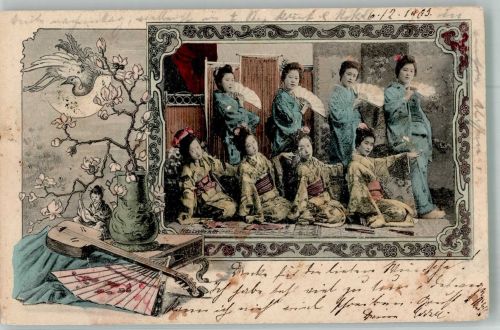 Frauen mit Fächer , Musikinstrument Shamisen Geisha 1903
